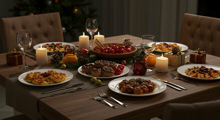 Elegant Dinner Table Setting with Festive Food and Candles