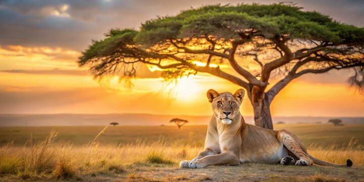 Majestic lioness with her pride resting in the shade of an acacia tree on the African savannah at sunrise , nature scenery, peaceful scene