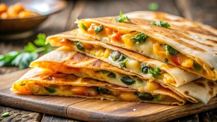 Crispy tortilla with melted cheese and savory fillings, close-up shot of quesadilla texture and aroma, savory, food,  savory