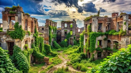 Naklejka premium Ruins of a once-thriving city with crumbling buildings overgrown by vines and weeds , desolate landscape, devastation