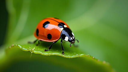 Fototapeta premium Ladybug on Green Leaf Close-Up