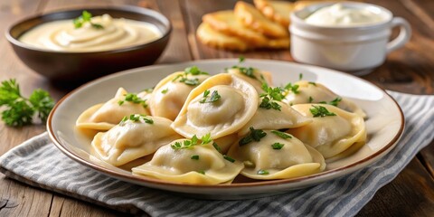 Pierogi served with sour cream on a plate, Poland, polish,  Poland, polish, dinner, meal, condiment