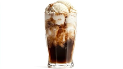 Classic soda float in tall glass, vanilla ice cream and cola, isolated on white