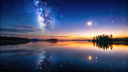 Dark sky with stars and moon reflecting off calm lake surface as night transitions to dawn light, morning, twilight,  morning