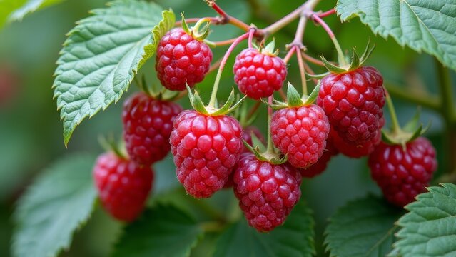 Close up image of raspberry branches and leaves