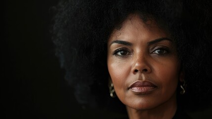 Close-up studio shot of a woman with afro hairstyle, dramatic lighting, black background