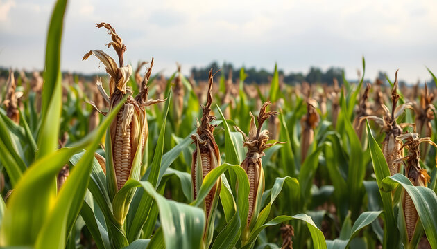 Corn plants wilting and dead after wrong applying herbicide in cornfield. Damage to agribusiness, insured event, reason for indemnification events. Abuse of pesticide use in agriculture isolated wit