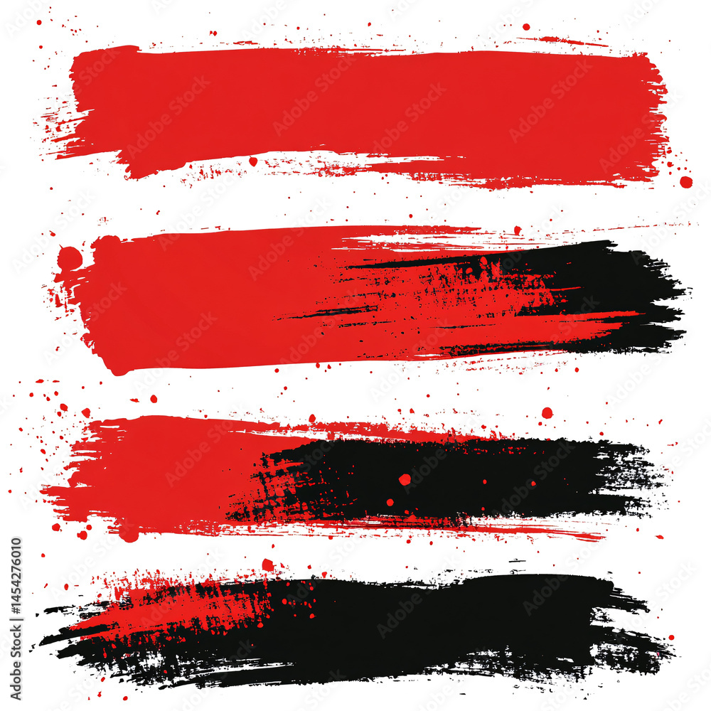 Poster set of several black and red ink or paint strokes on transparent background. grunge style. abstract 