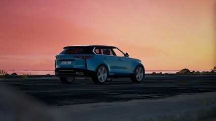 A stunning light-blue SUV is parked on a road during daylight in a city. Teal SUV on a Coastal Road at Sunset, Blue Electric SUV in Desert Landscape, Sunset on the Beach, SUV on a coastal city road