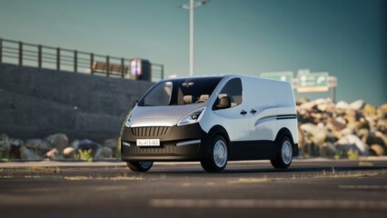 In nice gloomy weather, a white van stands on the road beside the beach. White commercial delivery van isolated on white, 3d illustration © 2D