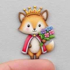 Cute Cartoon Fox Prince in Red Cape Holding Flowers