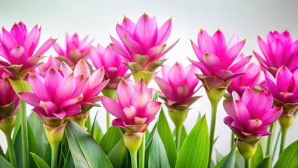 Obraz premium Vibrant Siam tulip flowers in full bloom against a soft white background, showcasing their cup-shaped blooms and slender stems in a lush green field , floral, full