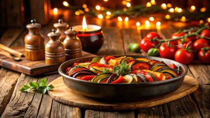 A richly colored ratatouille dish served in a traditional French restaurant with a rustic wooden table and dim candlelight ambiance , traditional, restaurant