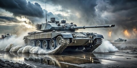 A metallic grey military tank with dynamic oil splashes on the engine and wheels, surrounded by a foggy and desolate landscape, industrial machinery, motion blur