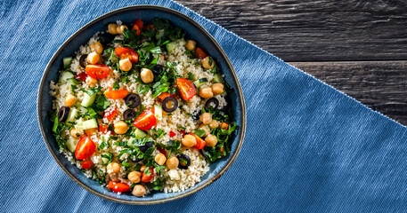 A plate of couscous served with vegetables and chickpeas