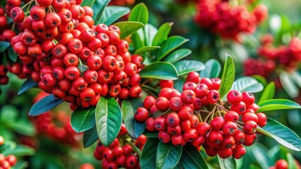 Vibrant bright red berries cluster on a deciduous shrub with glossy green leaves and slender branches in full summer growth, bright red berries, summer growth