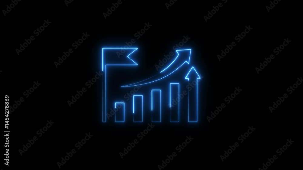 Poster glowing neon animated graphic showing business progress with bar chart and upward arrows