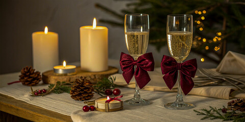 Naklejka premium Elegant Christmas Table Decor with Champagne and Candlelight
