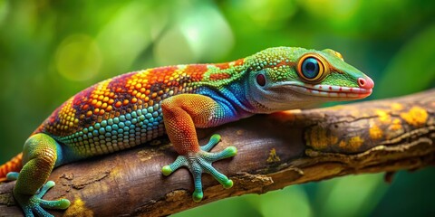 Fototapeta premium Colorful gecko lizard with vibrant scales and unique pattern sitting on a tree branch in a lush green forest environment , colorful gecko lizard, scale
