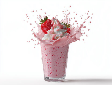 Milkshake strawberry, shooting with dlsr camera, white background, full realistic photo.