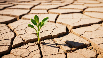 Tiny Green Sprout in Cracked Dry Earth – Resilience and Survival in Harsh Drought Landscape