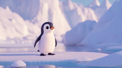 Obraz premium Adorable cartoon penguin in a snowy arctic landscape standing on ice