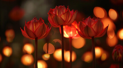 Obraz premium Red flowers illuminated at night serene bokeh background
