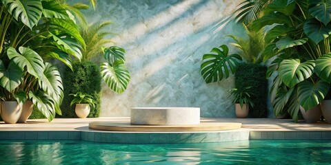 Summer pool scene with marble podium under Monstera leaf shade at luxury hotel resort surrounded by lush greenery and tropical flowers, monstera, leaf