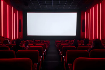 Fototapeta premium Cinema with wide screen red chairs and blurred silhouettes of people watching a movie