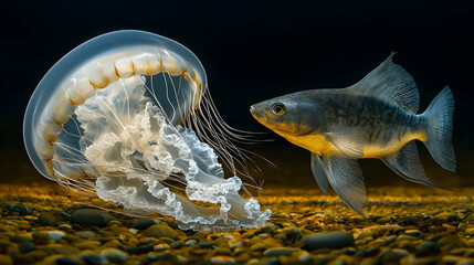Glowing Jellyfish And Fish Underwater