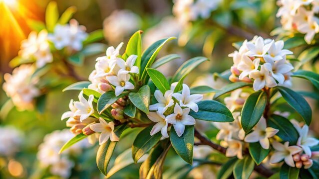 Daphne odora bush blooms with white fragrant flowers in the morning, white flowers