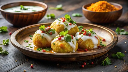 A delicate dahi vada or bhalla on a plate garnished with fresh cilantro and a dollop of spicy yogurt sauce , soft interior, spicy sauce
