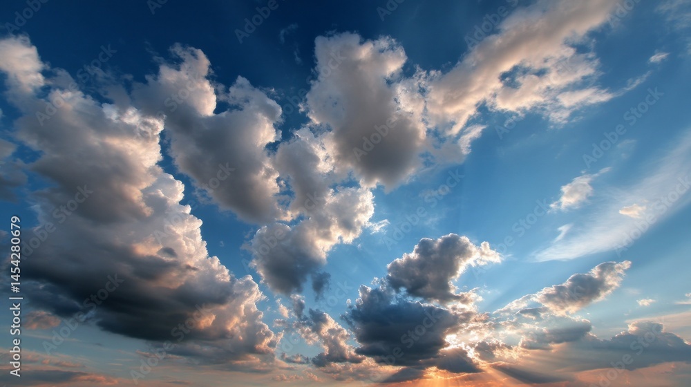 Poster As the sun begins to set, the blue sky transforms with warm hues reflecting off fluffy clouds, creating a stunning display of color in the evening twilight