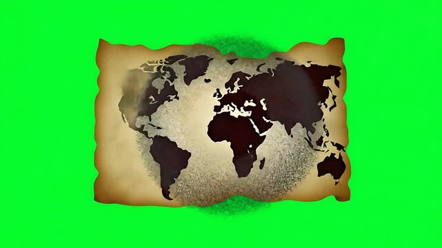 Aged World Map on Burning Parchment, Green Screen