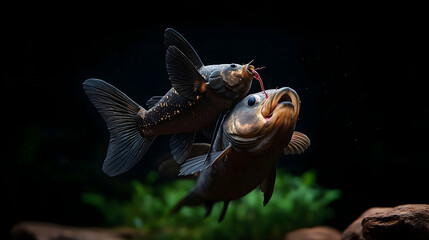 Fototapeta premium Two Fish Feeding Underwater In Aquarium
