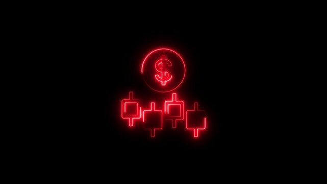 Glowing red neon dollar symbol and candlestick chart on black background