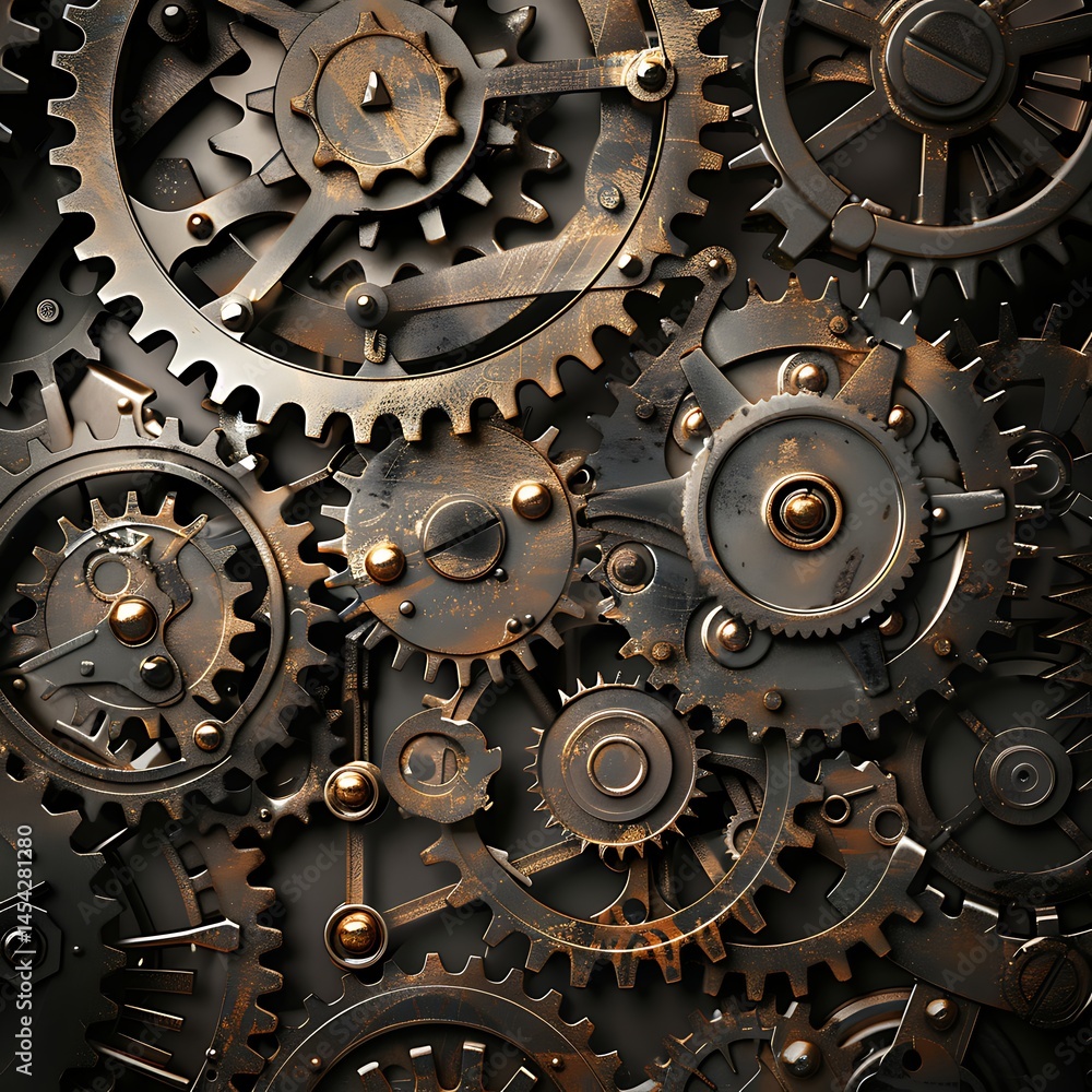 Poster intricate close-up of interlocking metallic gears and cogs. industrial mechanism, teamwork, or preci