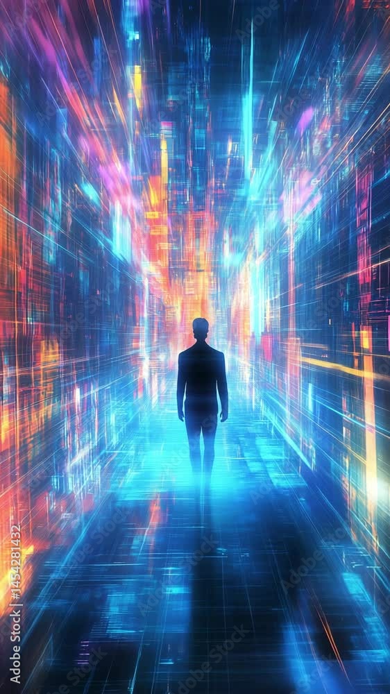 Poster a figure walks through a colorful digital corridor filled with light beams and vibrant visual effect