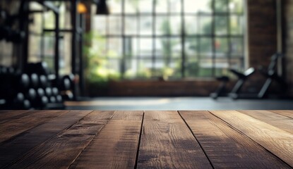 Empty wooden table in a fitness center. Blurred gym equipment and large windows visible in the background