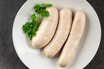 Sausage white meat dish fresh bratwurst sausage dish fresh delicious gourmet food background on the...