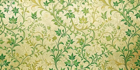 Elegant green and gold floral wallpaper background with delicate vines and intricate patterns, set against a soft cream-colored background , design, wallpaper
