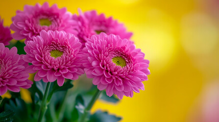 Fototapeta premium Beautiful pink chrysanthemum flowers on a yellow background with copy space.
