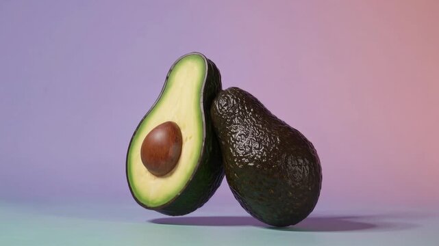 Cute avocados cartoon characters happily dancing on pastel background