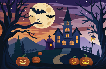 Eerie Halloween Scene with Haunted House