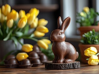 Chocolate bunny and spring tulips on a rustic wooden table