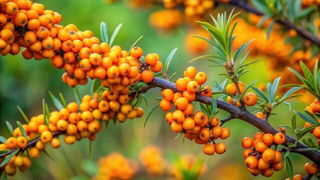 Close-up of vibrant sanddorn berries on a branch, wildflowers, botanical,  wildflowers, botanical, stems, flora