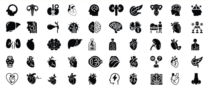 Collection of black and white human body organ icons for medical and educational concepts