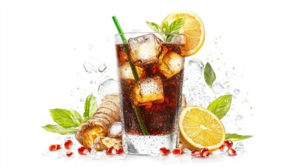 Cuba Libre cocktail classic bar menu cocktail with realistic ingredients and garnishes, white backdrop, high detail