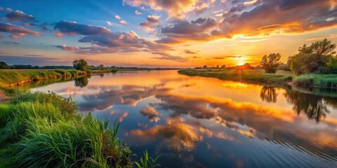 Obraz premium Sunset Over the Calm River , sunsets, outdoor scenery, sunsets, outdoor scenery