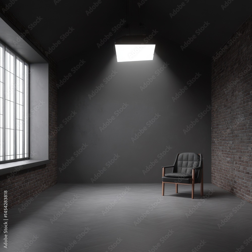 Poster minimalist design of an empty room featuring a single chair and large windows with soft lighting and